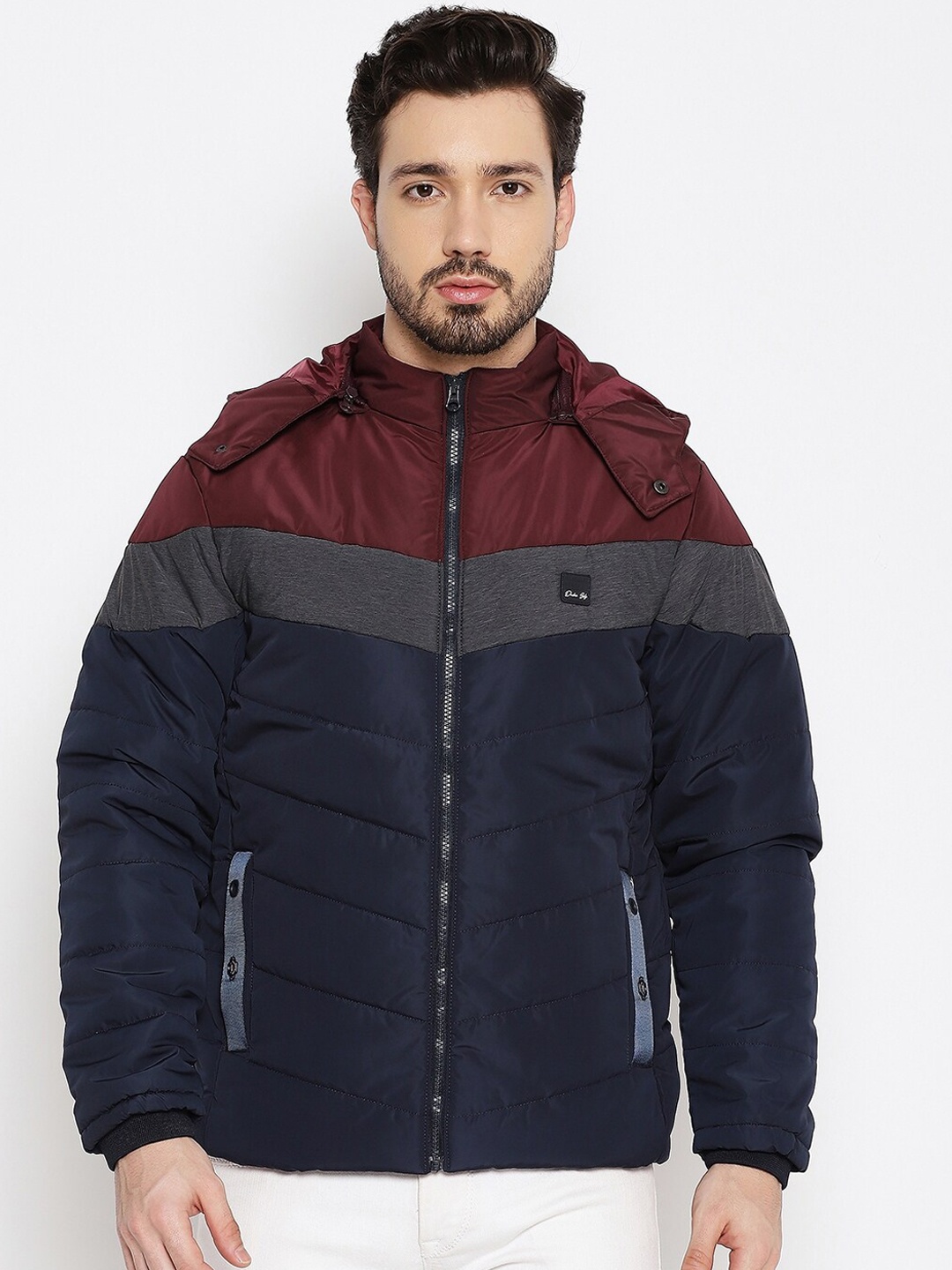 

Duke Men Blue & Maroon Colourblocked Padded Jacket