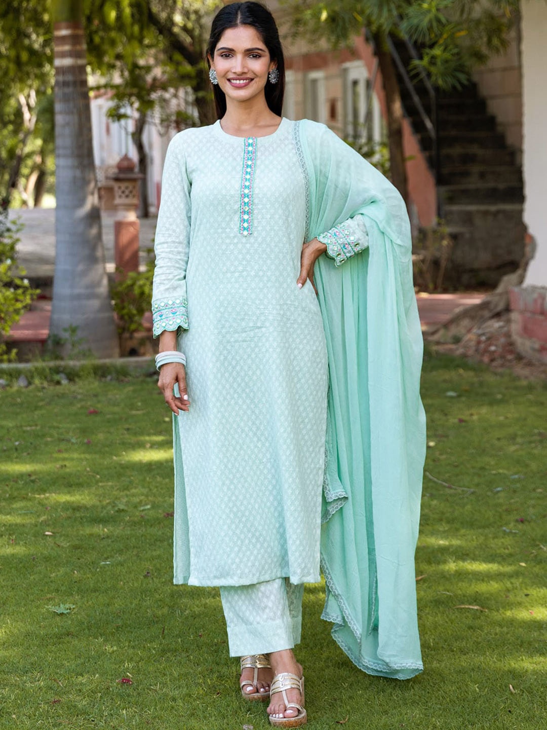 

Ambraee Women Sea Green Ethnic Motifs Printed Thread Work Kurta with Trousers & Dupatta