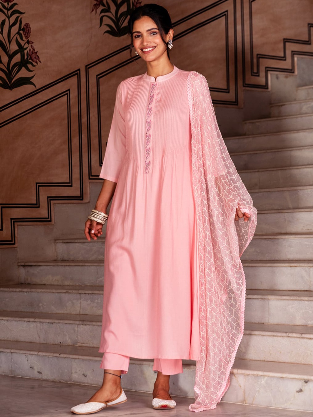 

Ambraee Women Pink Thread Work Kurta with Trousers & With Dupatta