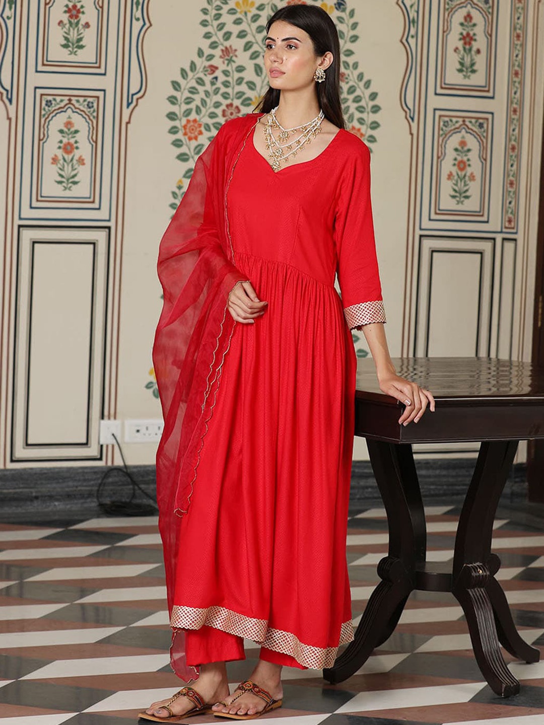 

Ambraee Women Red Empire Kurta with Trousers & With Dupatta