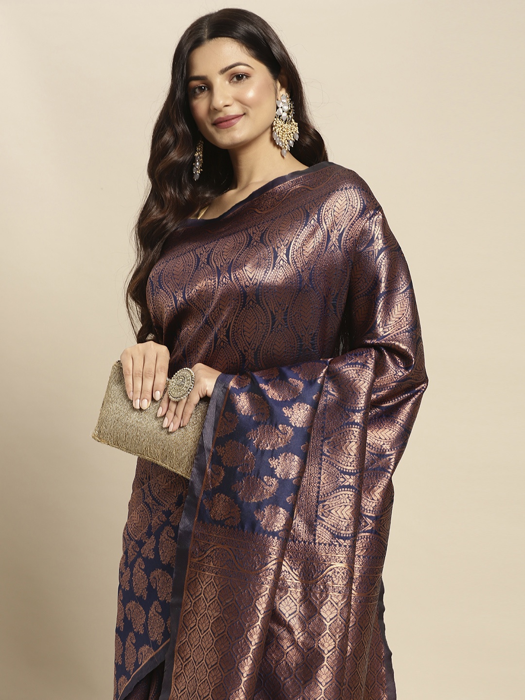 

Pothys Navy Blue & Copper-Toned Ethnic Motifs Art Silk Banarasi Saree