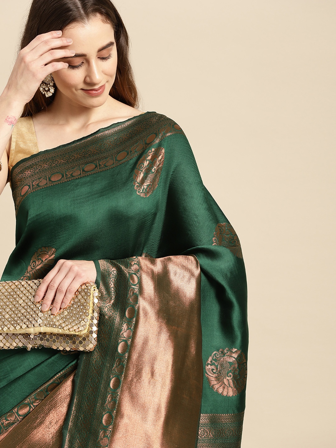 

Pothys Green & Copper-Toned Ethnic Motifs Art Silk Banarasi Saree