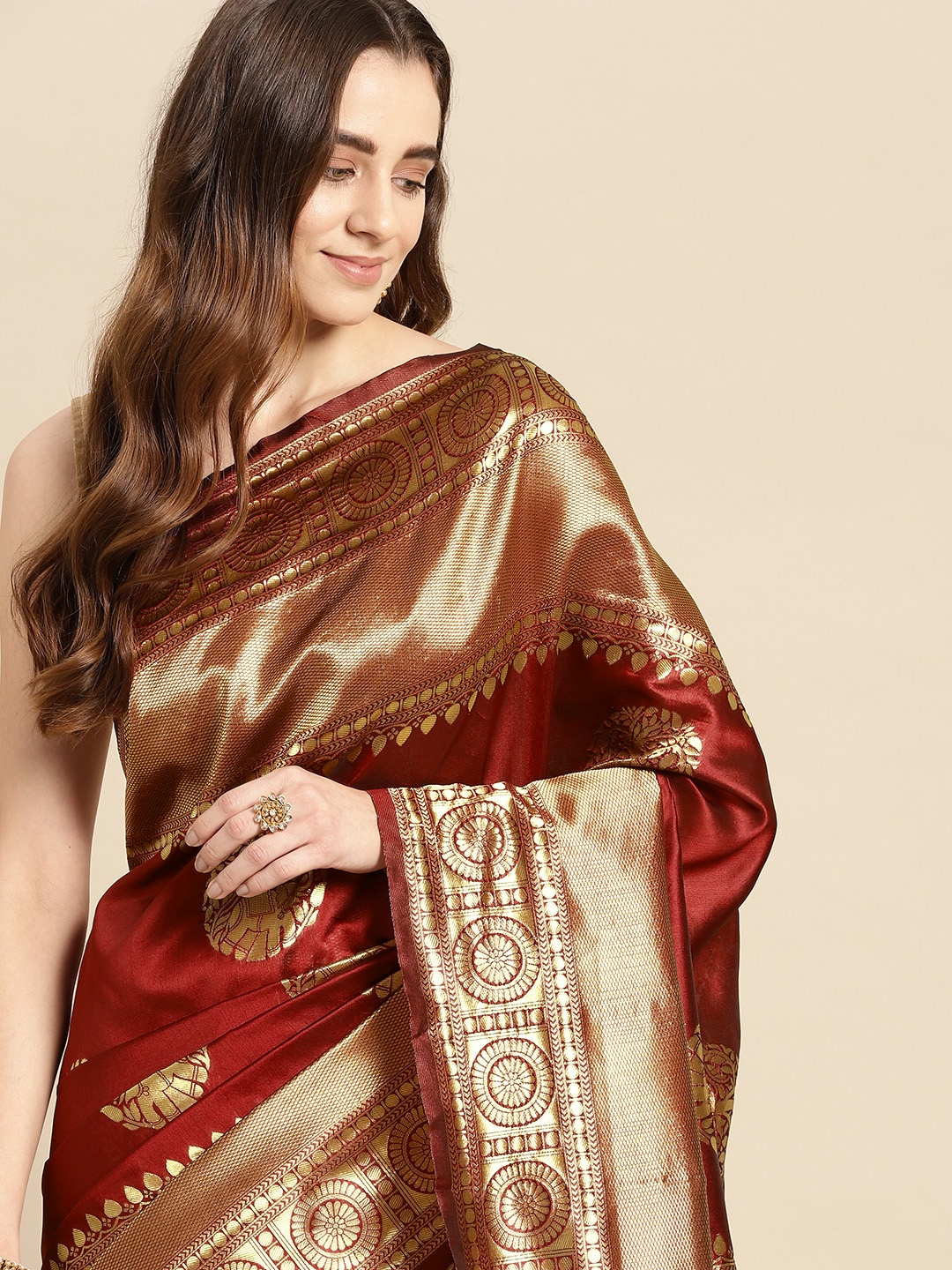 

Pothys Red & Gold-Toned Ethnic Motifs Art Silk Banarasi Saree