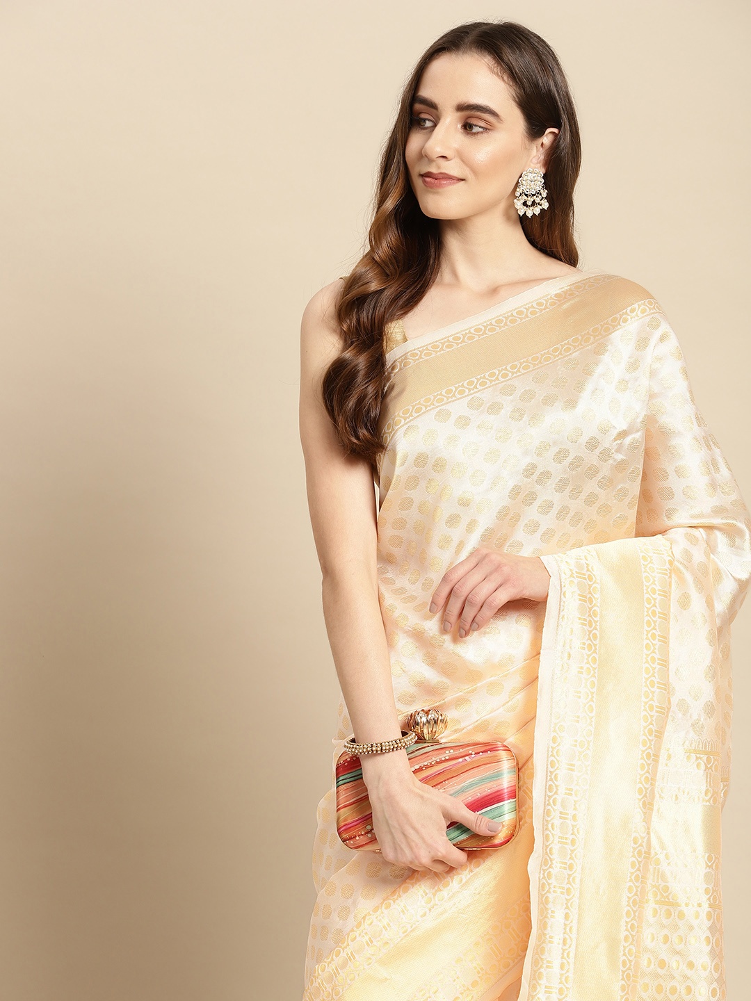 

Pothys Off White & Gold-Toned Ethnic Motifs Art Silk Banarasi Saree