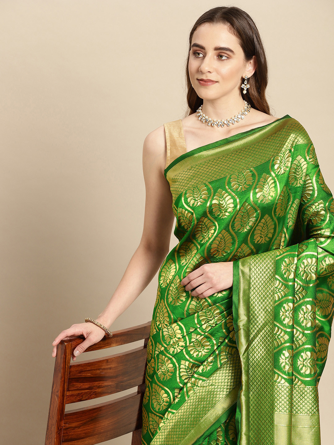 

Pothys Green Ethnic Motifs Art Silk Banarasi Saree