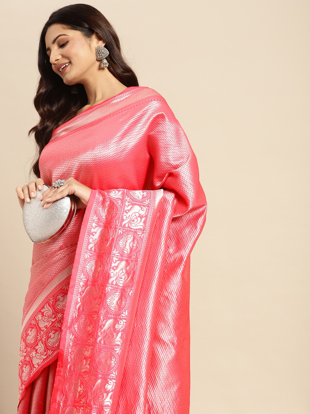 

Pothys Pink Ethnic Motifs Art Silk Banarasi Saree