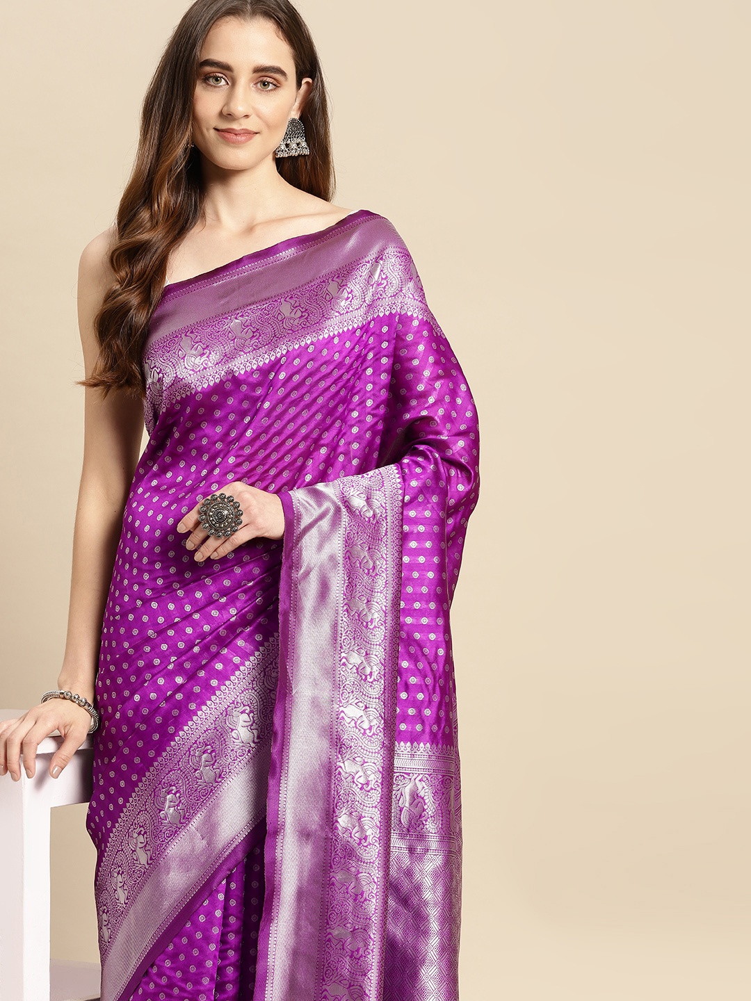 

Pothys Violet & Silver-Toned Ethnic Motifs Art Silk Banarasi Saree