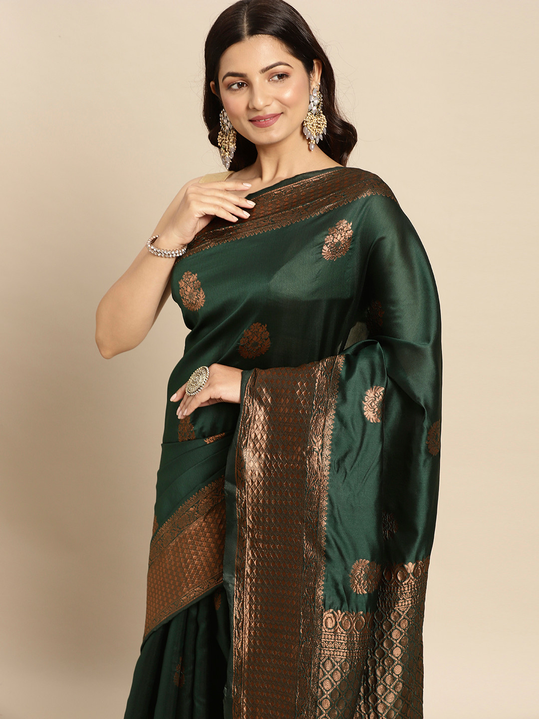 

Pothys Green & Copper-Toned Ethnic Motifs Art Silk Banarasi Saree