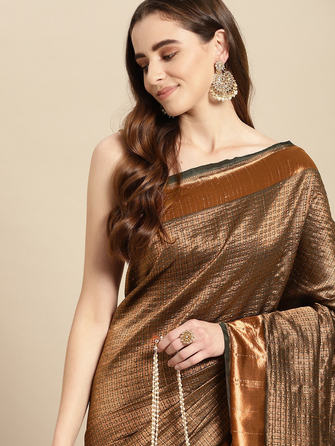 

Pothys Green & Copper-Toned Ethnic Motifs Art Silk Banarasi Saree