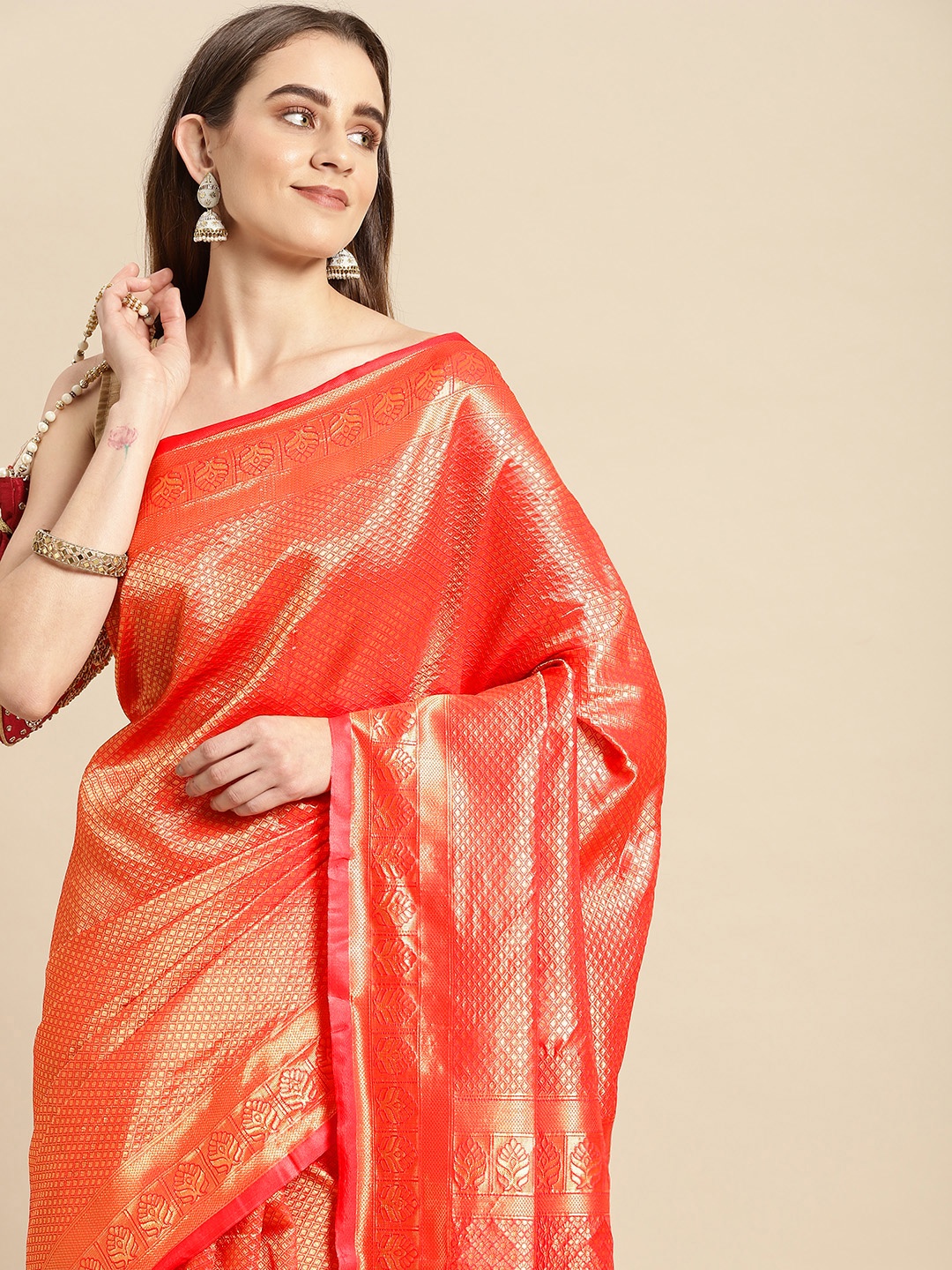 

Pothys Orange & Gold-Toned Ethnic Motifs Art Silk Banarasi Saree