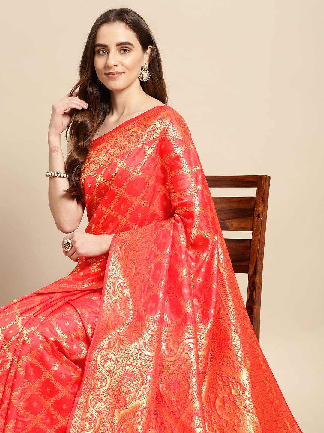 

Pothys Red & Gold-Toned Floral Art Silk Banarasi Saree