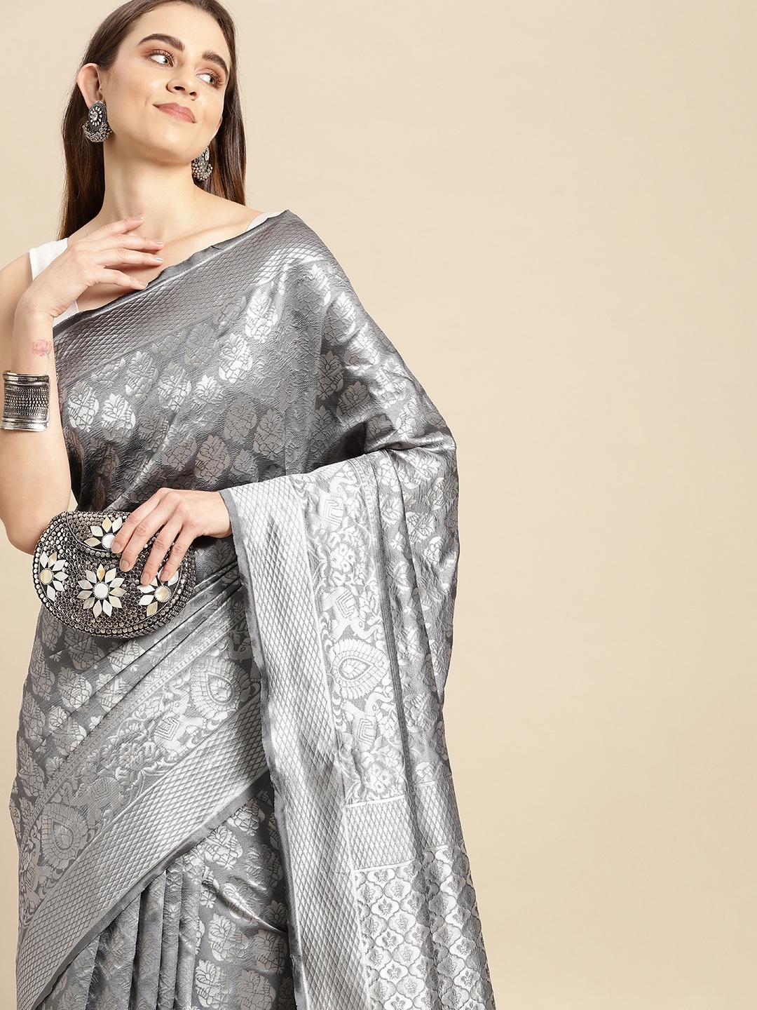 

Pothys Grey Woven Design Art Silk Banarasi Saree