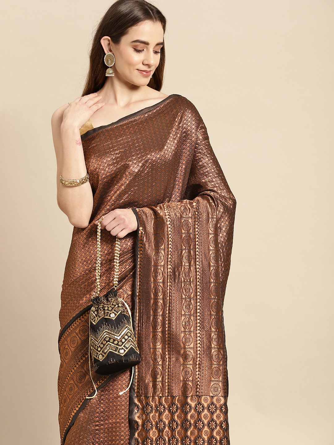 

Pothys Black & Copper-Toned Woven Design Art Silk Banarasi Saree