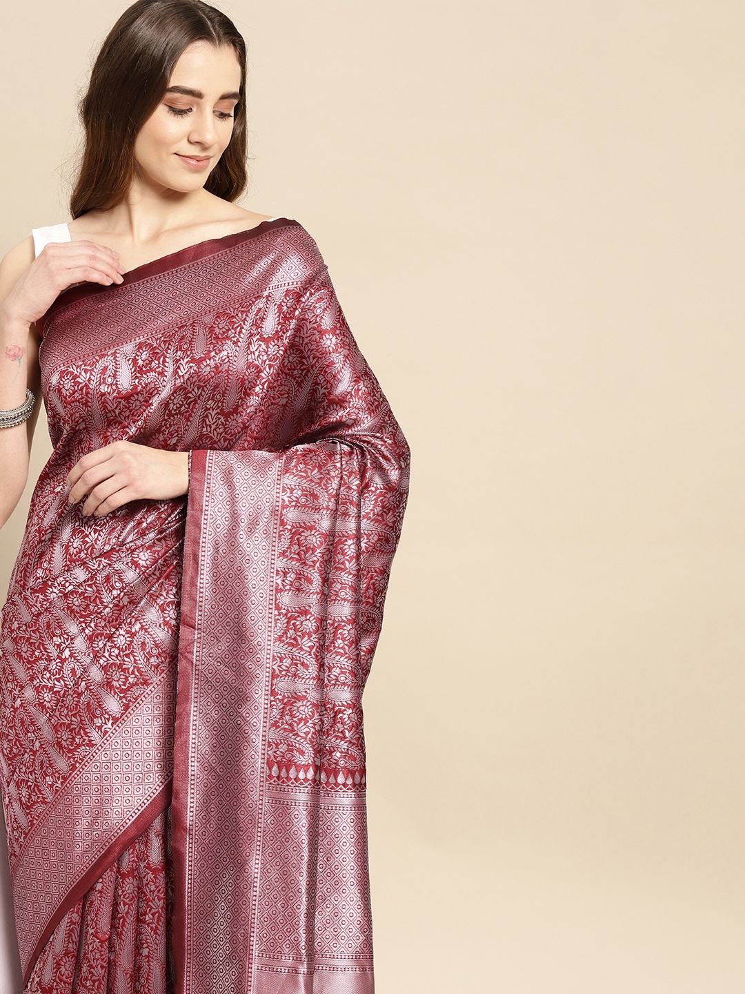 

Pothys Brown & Silver-Toned Paisley Art Silk Banarasi Saree