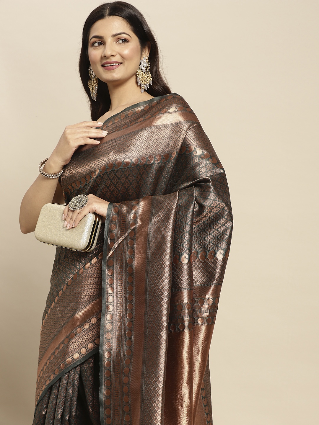 

Pothys Green & Copper-Toned Ethnic Motifs Art Silk Banarasi Saree