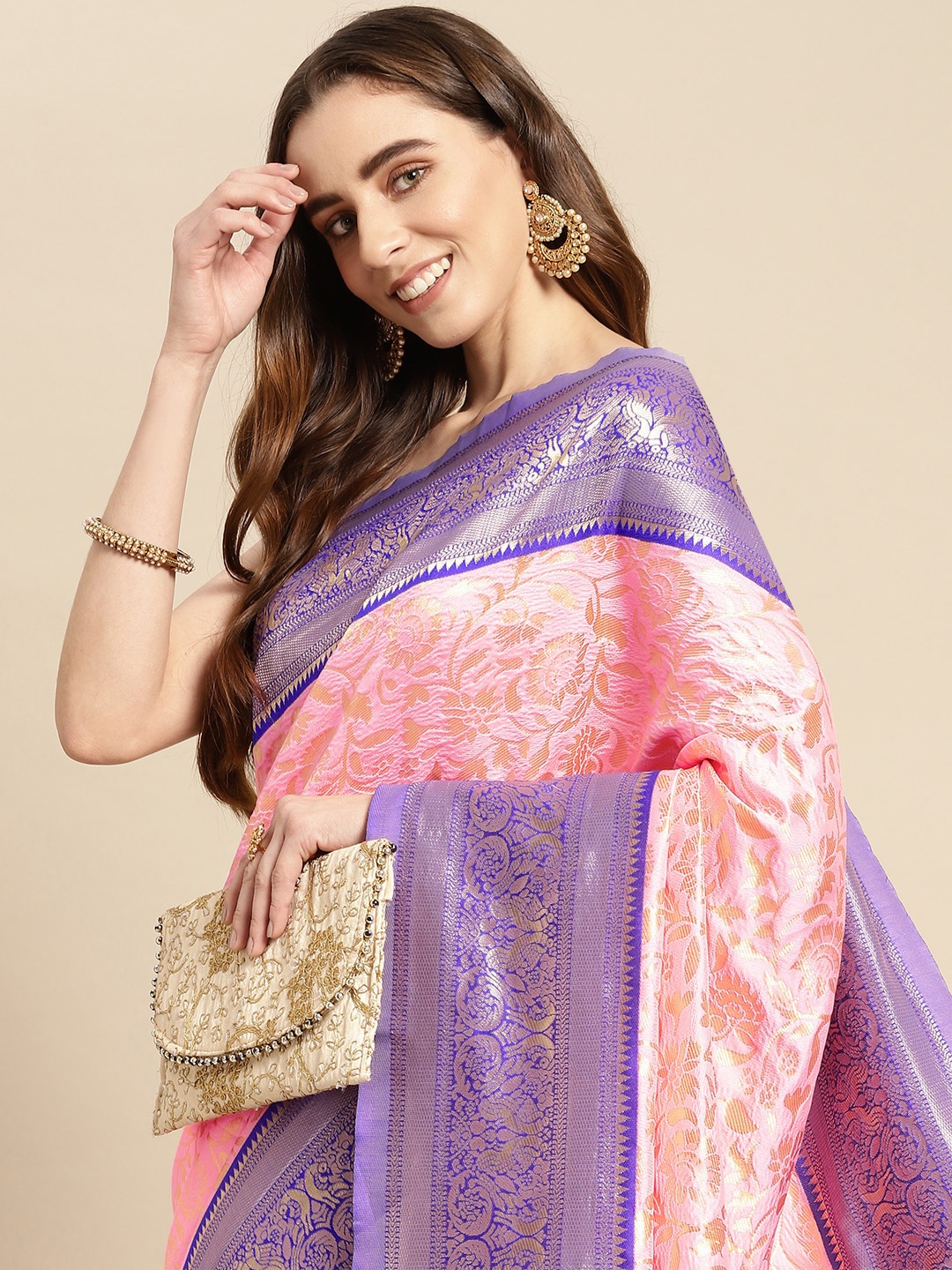 

Pothys Pink & Purple Ethnic Motifs Art Silk Banarasi Saree