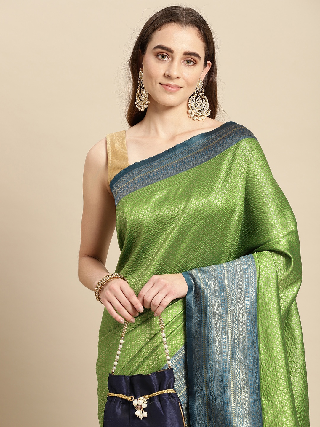 

Pothys Green & Blue Ethnic Motifs Art Silk Banarasi Saree