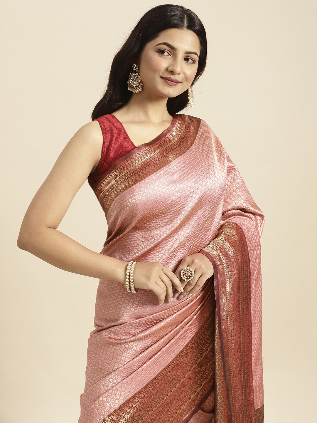 

Pothys Pink & Rust Ethnic Motifs Art Silk Banarasi Saree