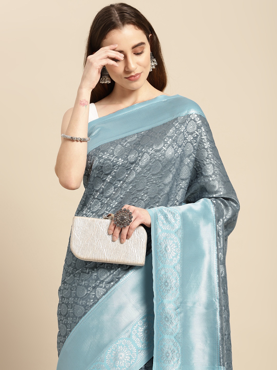 

Pothys Grey & Blue Ethnic Motifs Art Silk Banarasi Saree