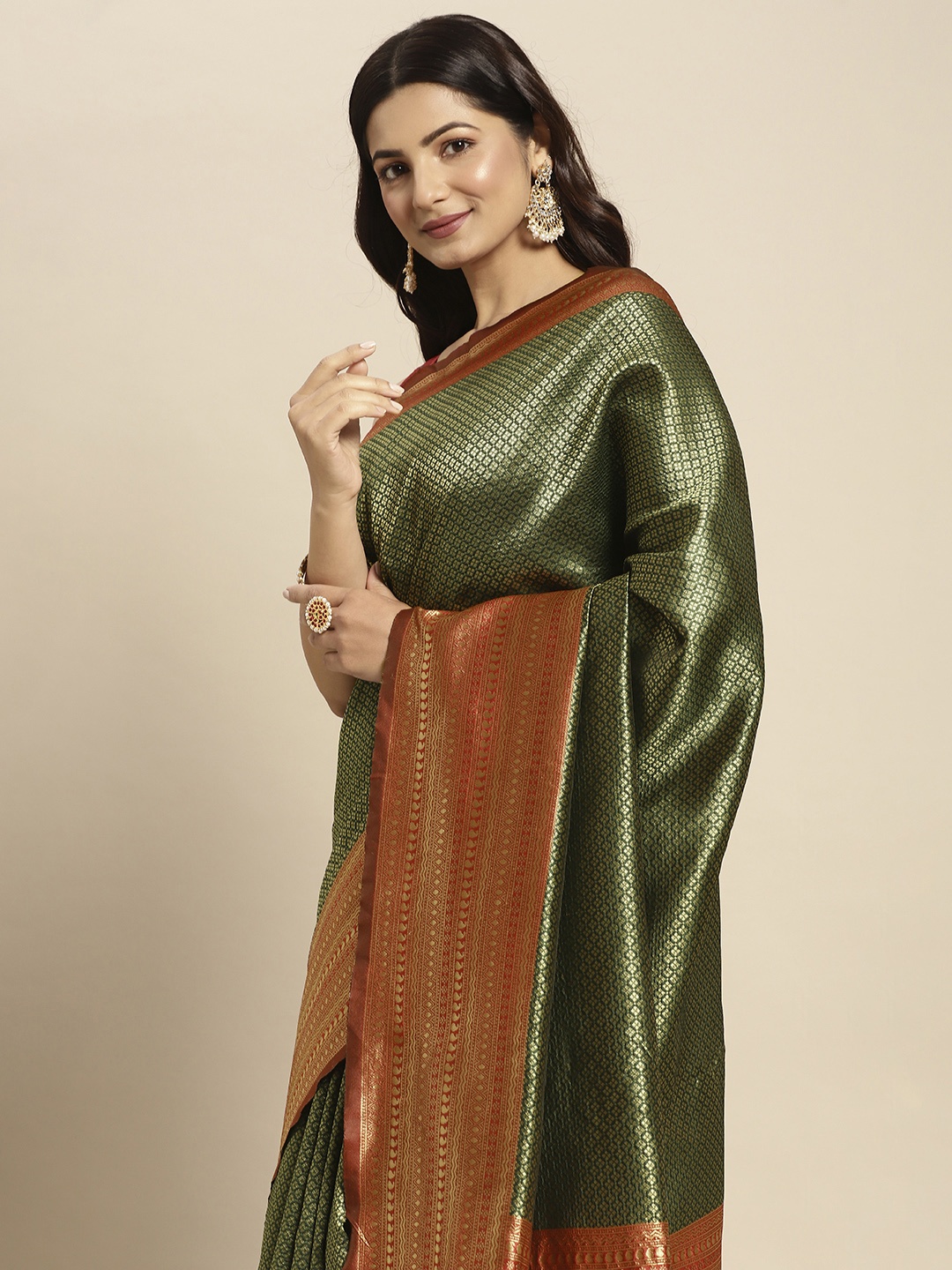 

Pothys Green & Rust Floral Art Silk Banarasi Saree
