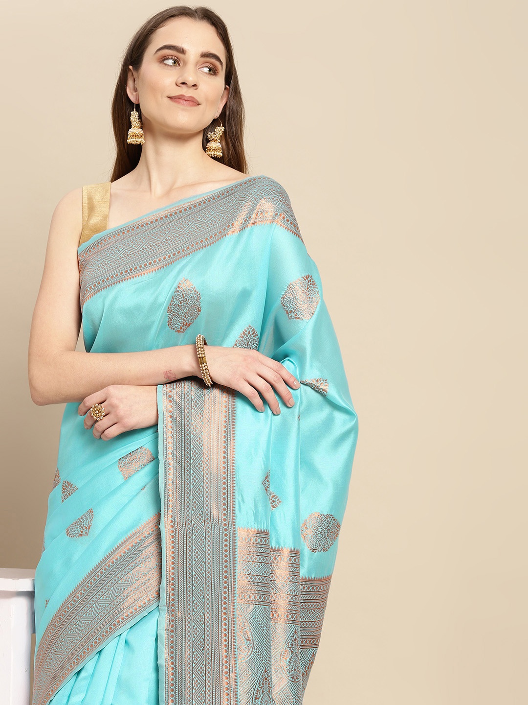 

Pothys Blue & Golden Ethnic Motifs Art Silk Banarasi Saree