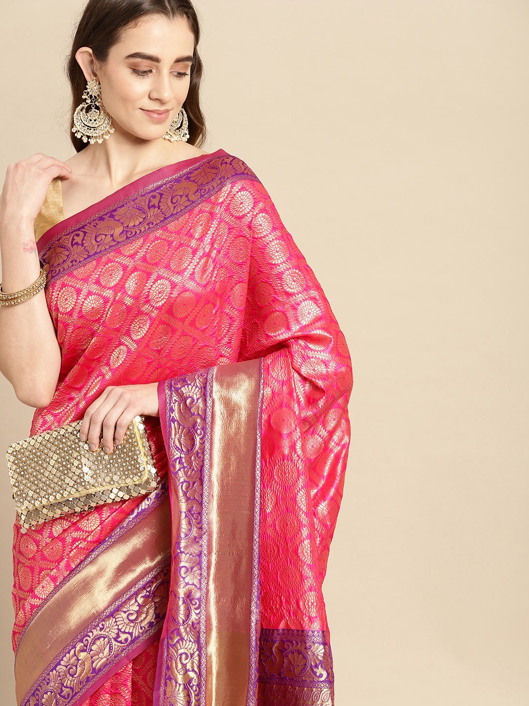 

Pothys Pink & Purple Ethnic Motifs Art Silk Banarasi Saree