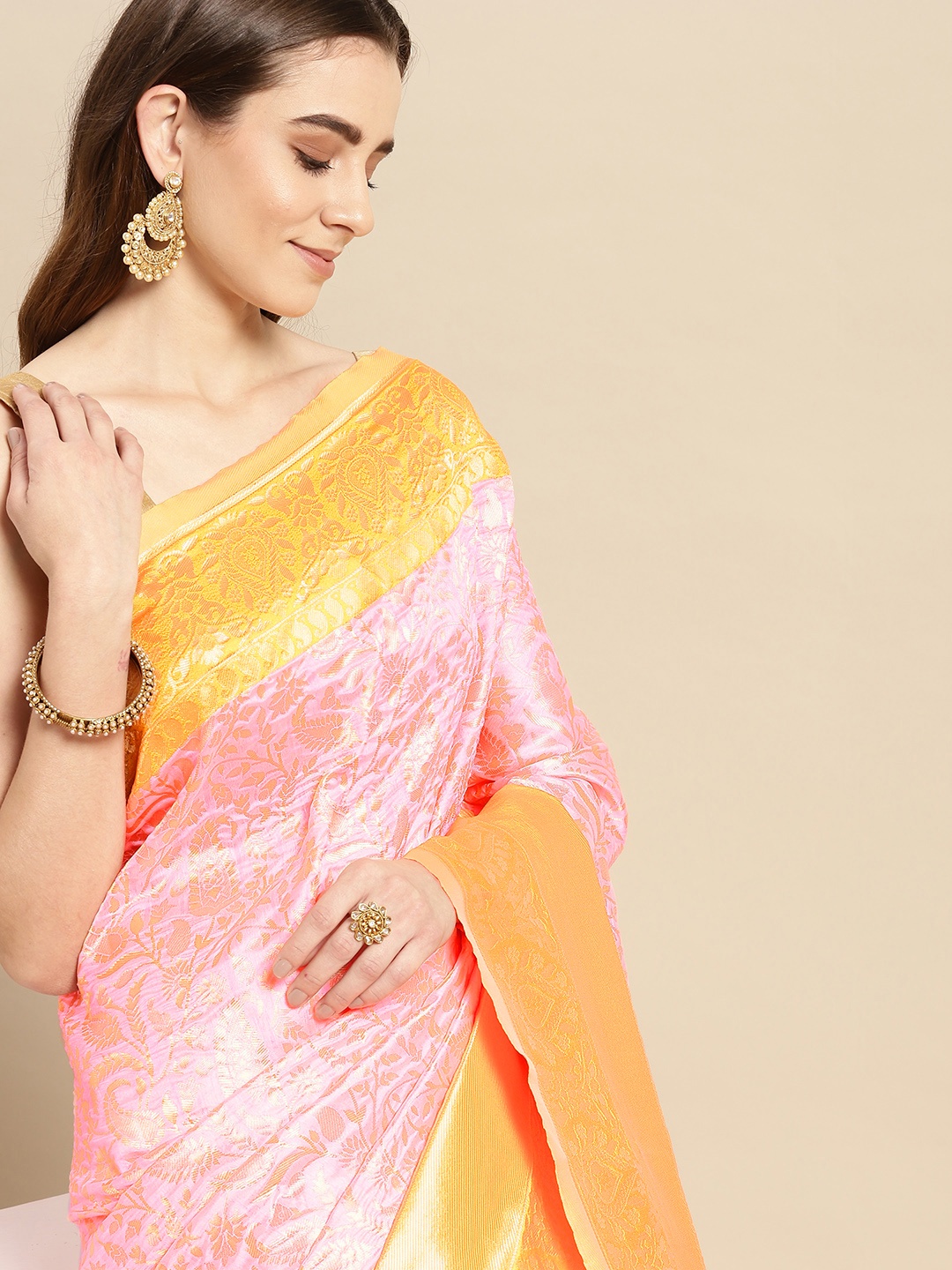 

Pothys Pink & Yellow Ethnic Motifs Art Silk Banarasi Saree
