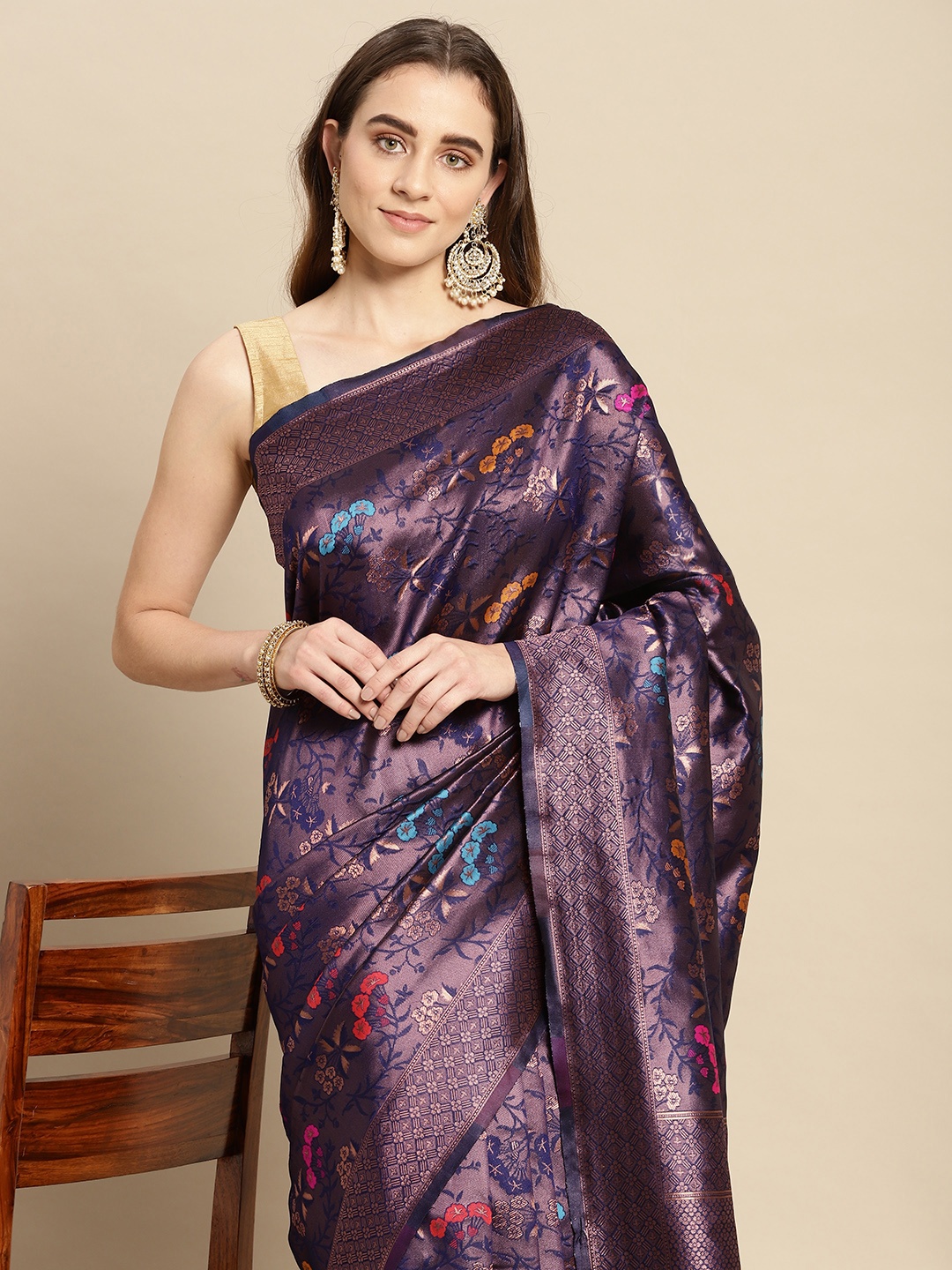 

Pothys Navy Blue & Multicoloured Floral Art Silk Banarasi Saree