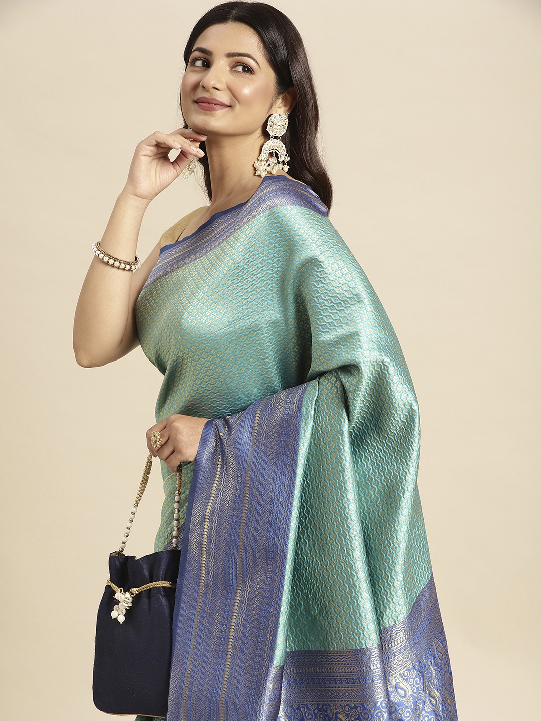 

Pothys Green & Blue Woven Design Art Silk Banarasi Saree