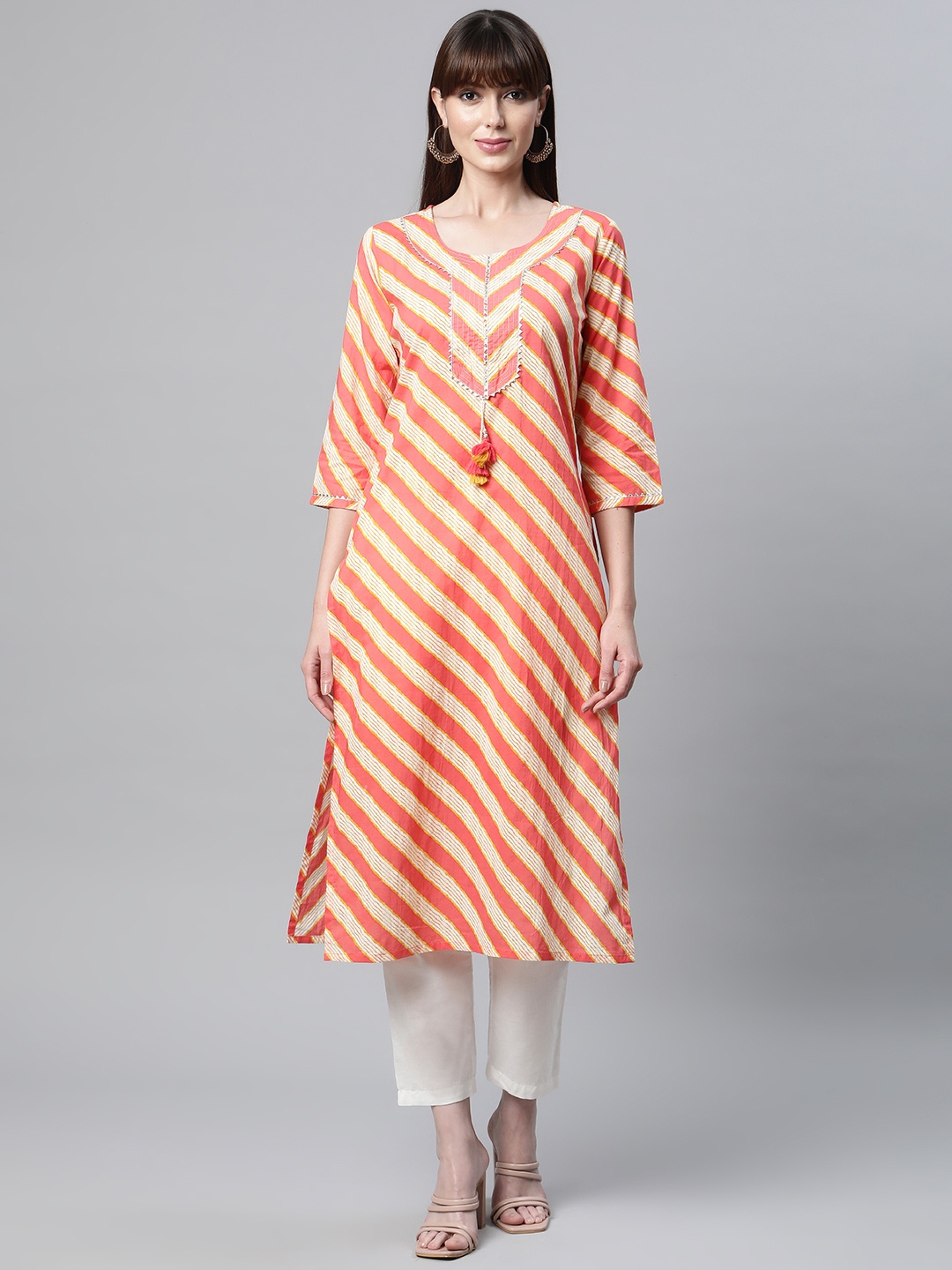 

Readiprint Fashions Women Pink & Beige Striped Gotta Patti Kurta