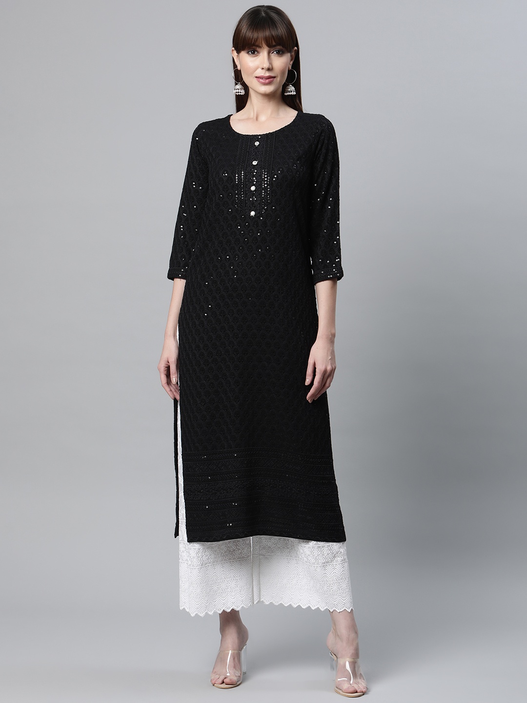 

Readiprint Fashions Women Black Floral Embroidered Chikankari Kurta