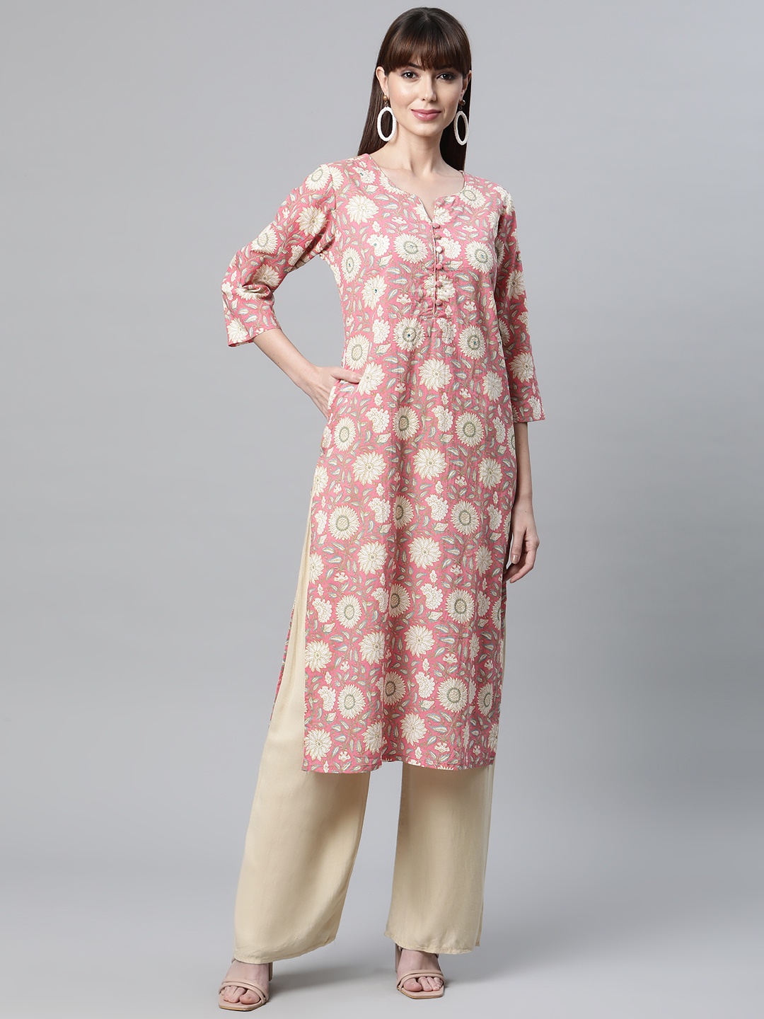 

Readiprint Fashions Women Pink & Off White Floral Cotton Printed Kurta
