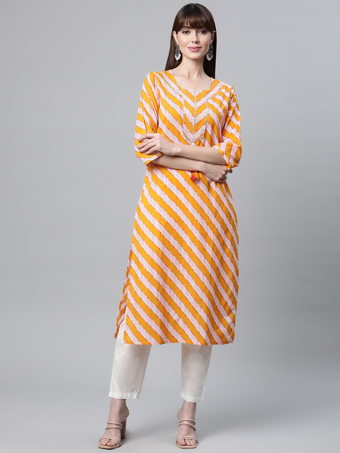 

Readiprint Fashions Women Mustard Yellow & Pink Striped Cotton Gotta Patti Kurta