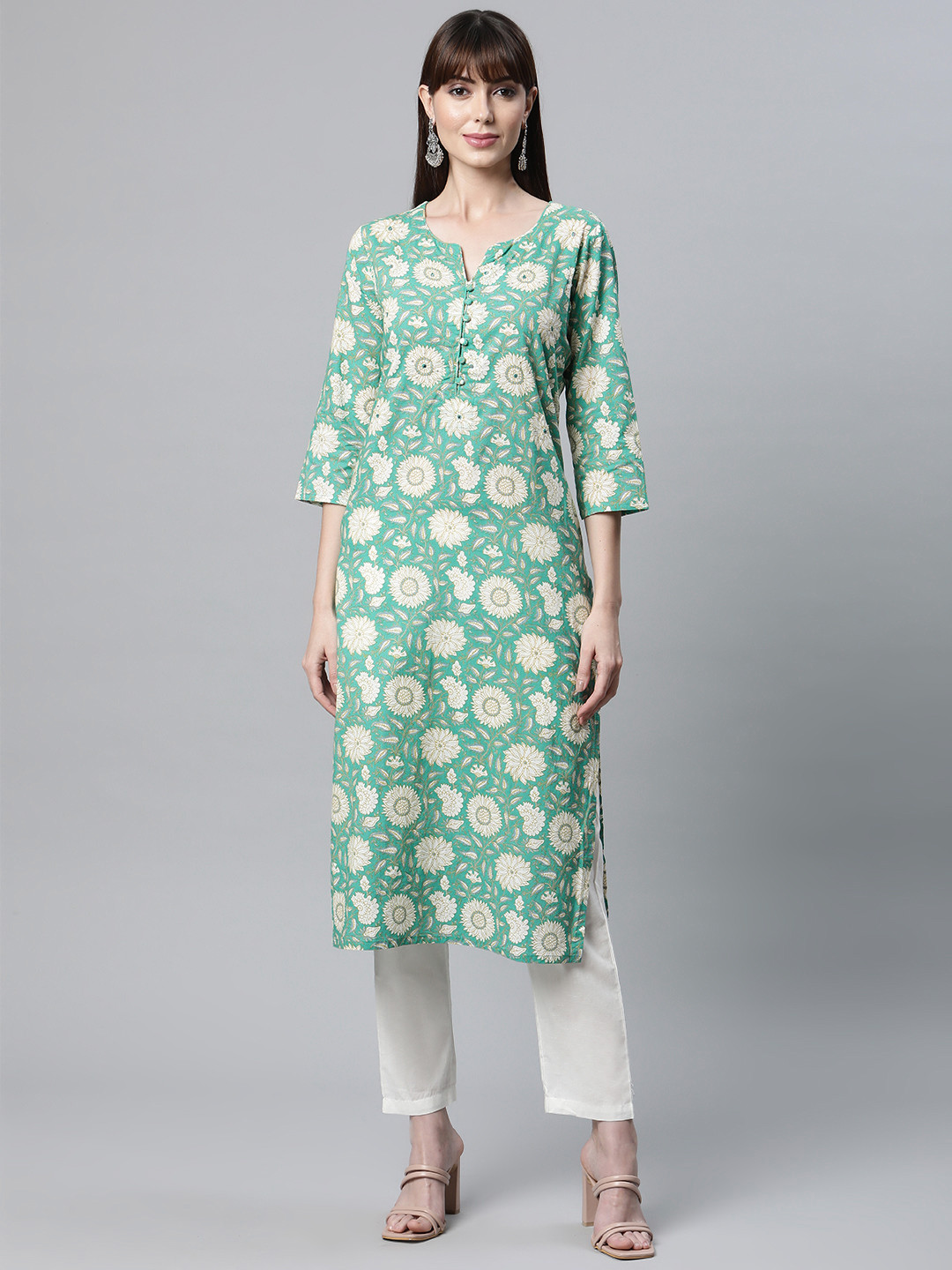 

Readiprint Fashions Women Green & Off White Floral Cotton Printed Kurta