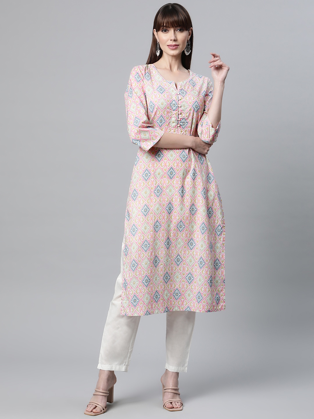 

Readiprint Fashions Women Pink & Blue Ethnic Motifs Printed Cotton Kurta