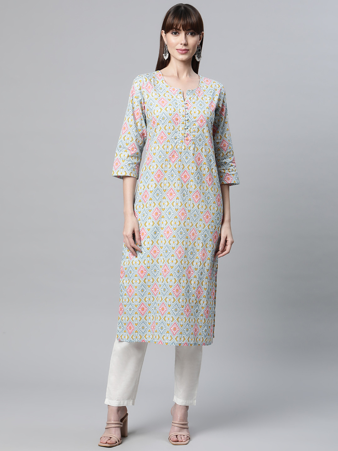 

Readiprint Fashions Women Grey & Pink Ethnic Motifs Cotton Printed Kurta