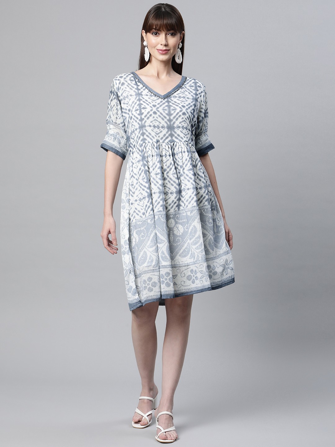 

Readiprint Fashions Grey & White Tie and Dye A-Line Dress