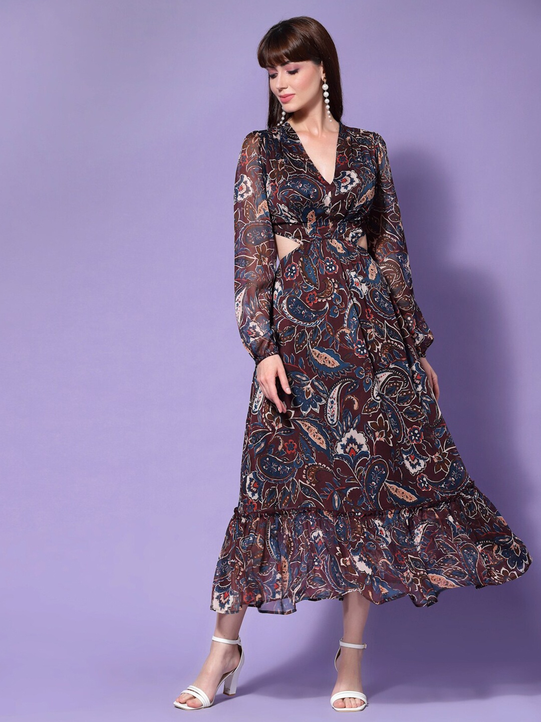 

FLAWLESS Brown & Navy Blue Ethnic Motifs Printed A-Line Midi Dress