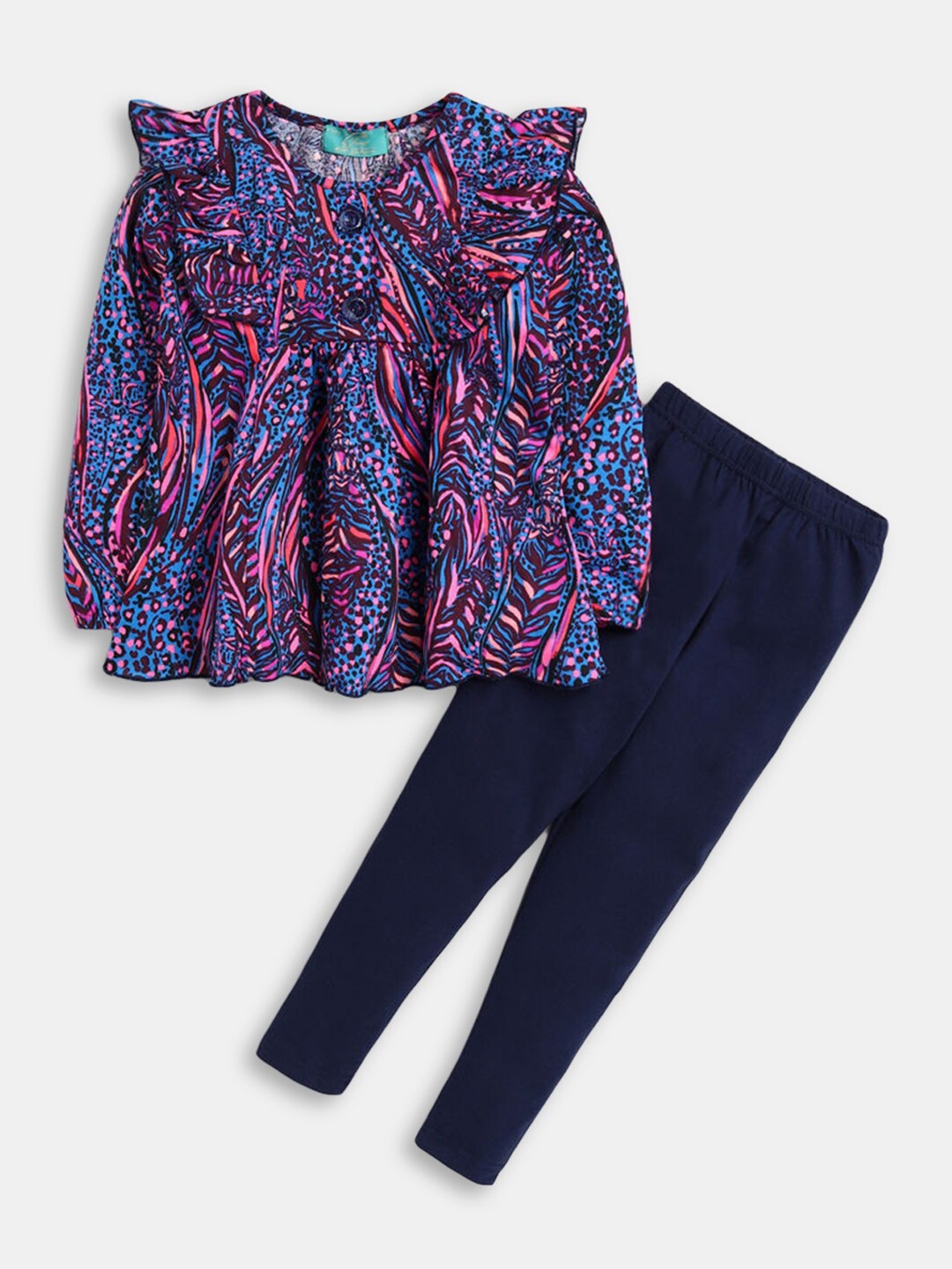 

Hopscotch Girls Navy Blue & Pink Printed Pure Cotton Top with Leggings