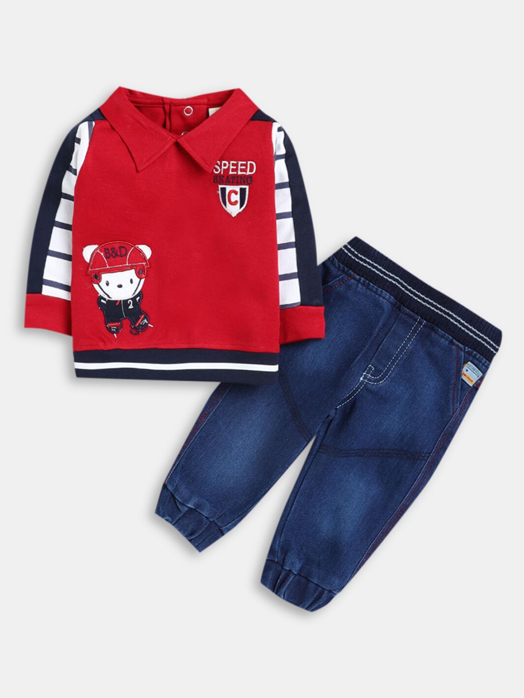 

Hopscotch Infant Boys Red & Blue Printed Pure Cotton T-shirt with Trousers