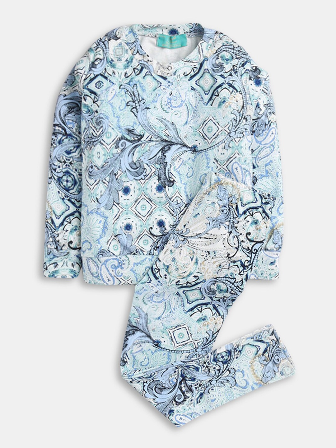 

Hopscotch Girls Blue & Off White Printed Top with Trousers