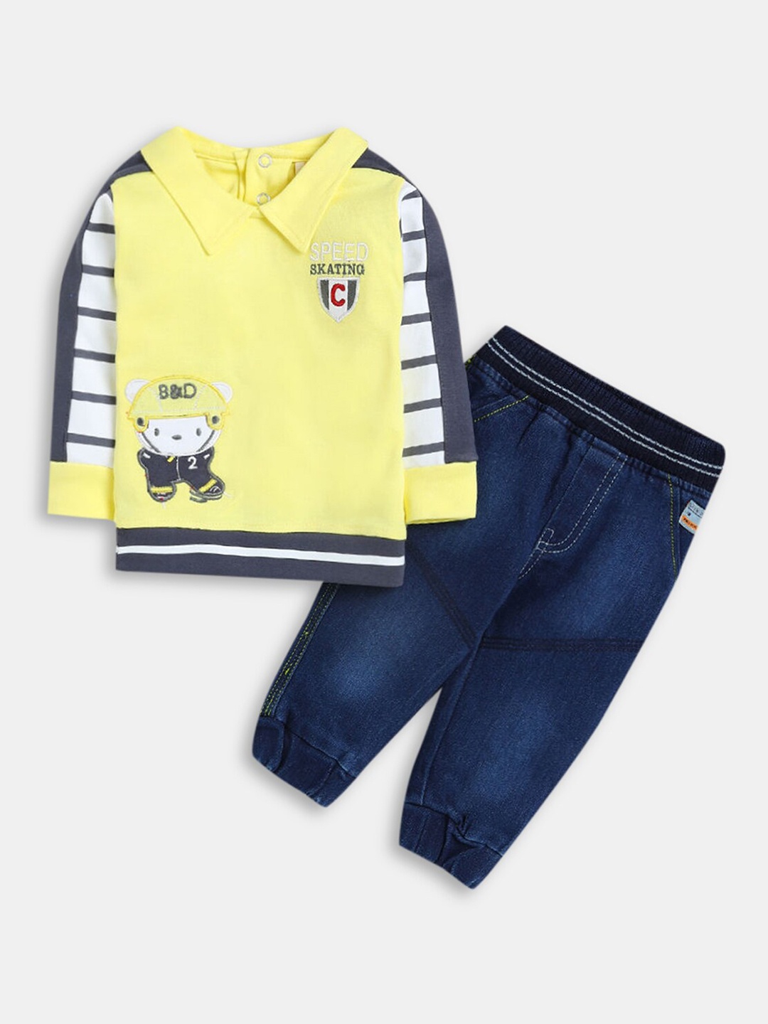 

Hopscotch Boys Gold-Toned & Blue Striped T-shirt with Trousers