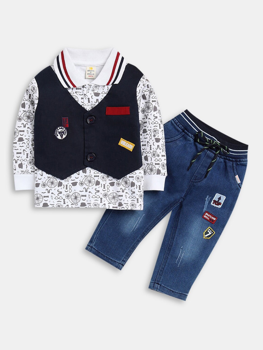 

Hopscotch Boys Navy Blue & White Printed Top with Trousers