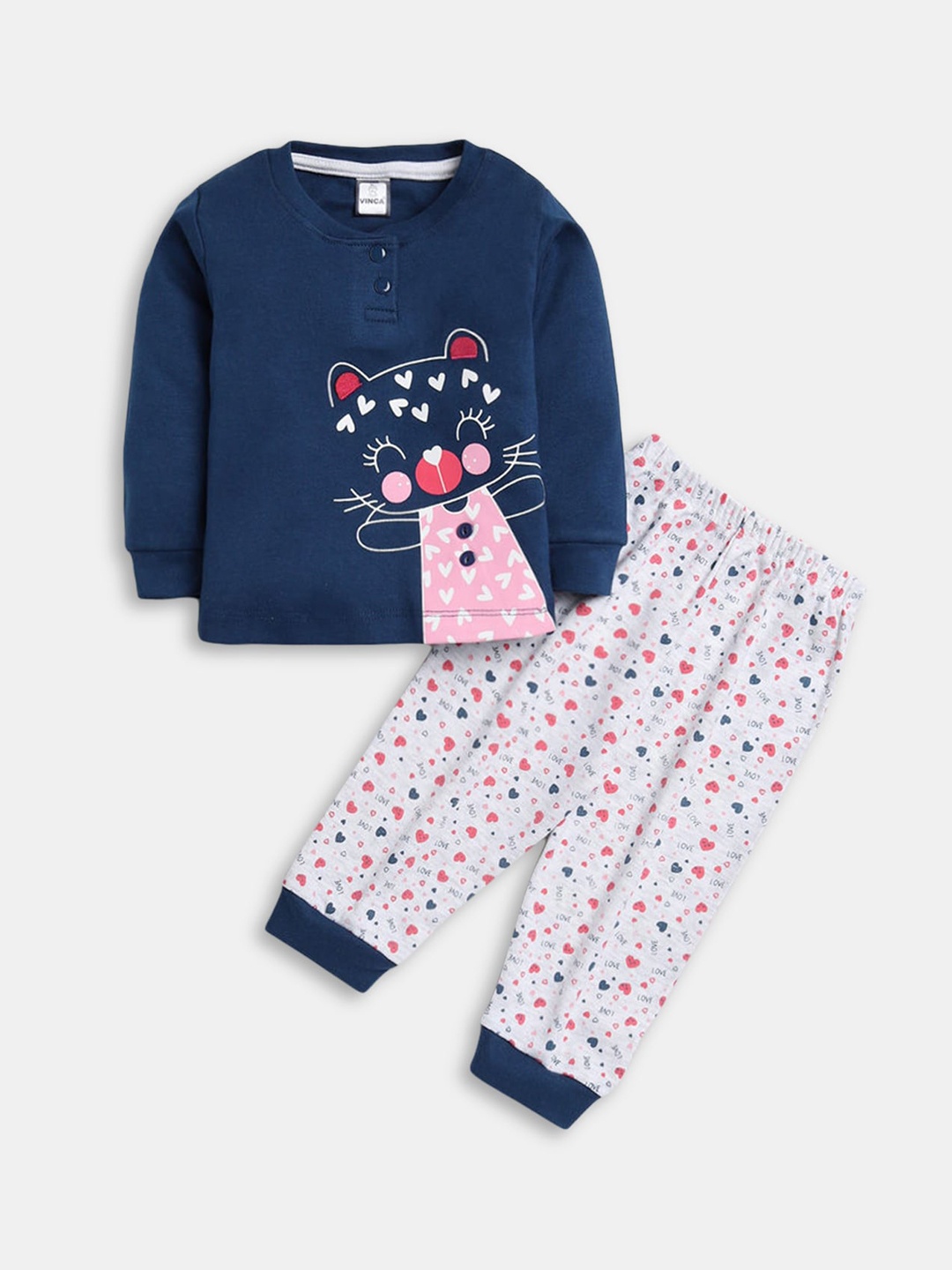 

Hopscotch Girls Navy Blue & White Printed Night suit