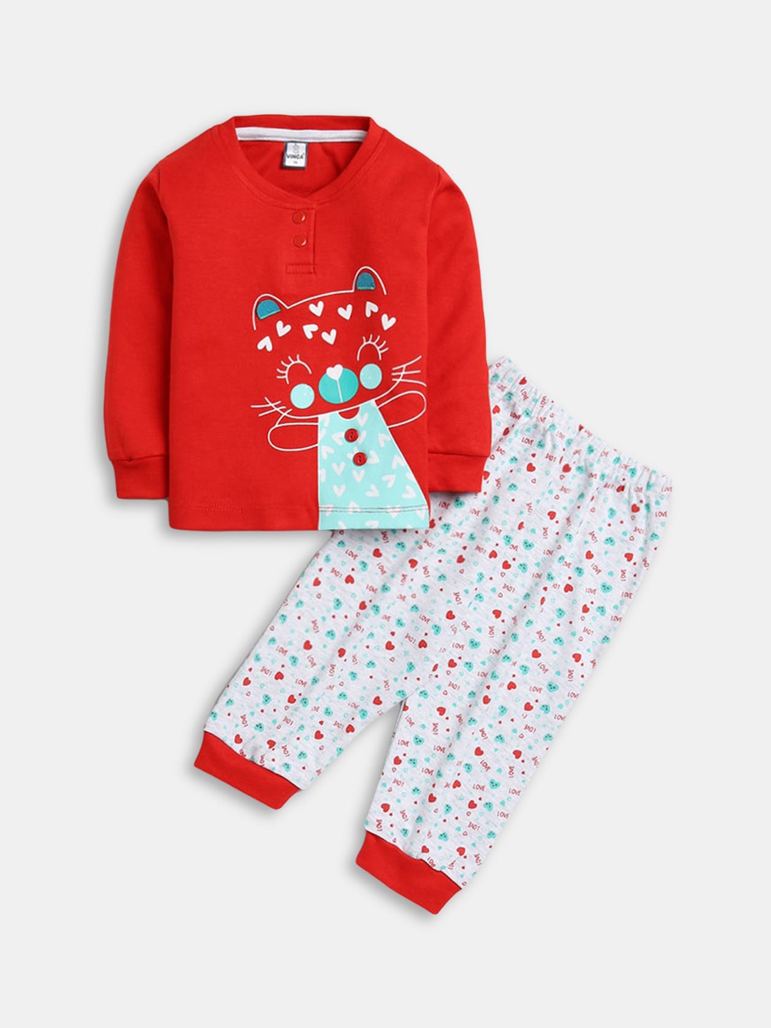 

Hopscotch Girls Printed Night suit, Red