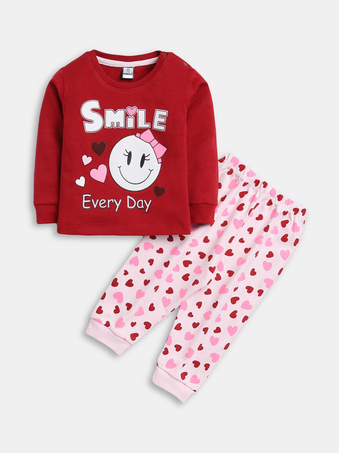 

Hopscotch Girls Red & White Pure Cotton Printed Night suit