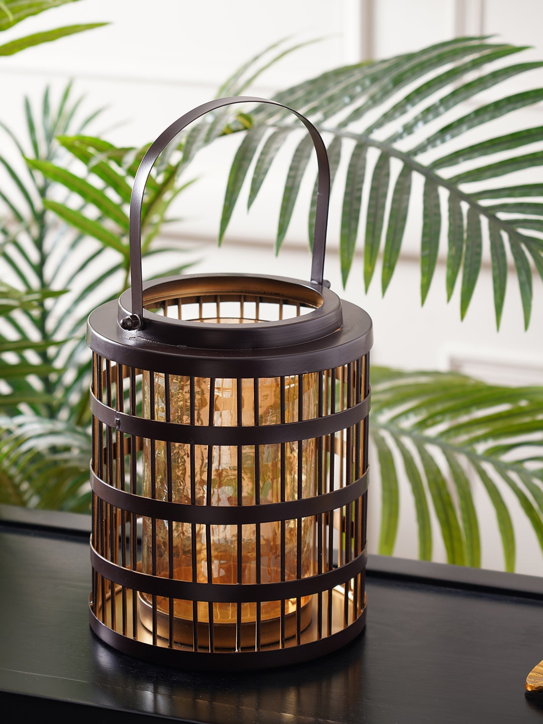 

Pure Home and Living Gold-Toned & Brown Solid Glass Lantern Candle Holders