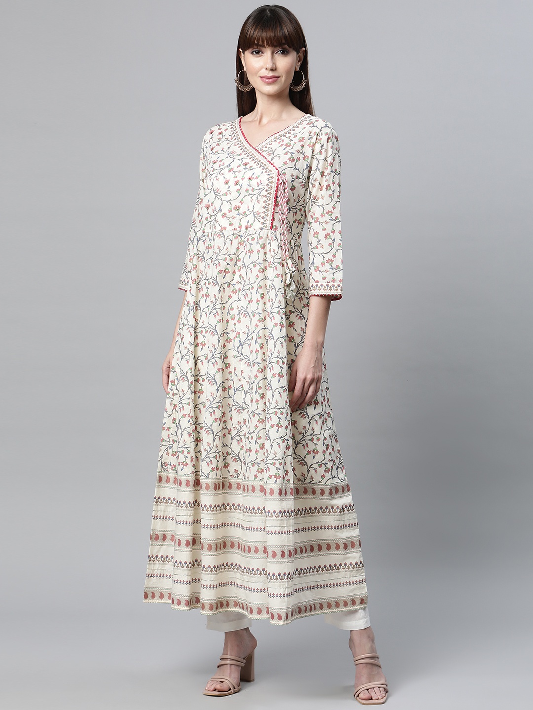 

Readiprint Fashions Women Off White Floral Printed Gotta Patti Floral Anarkali Kurta