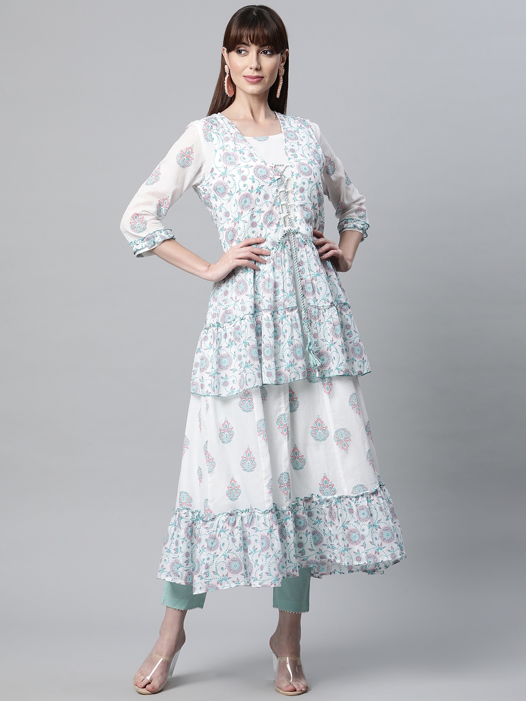 

Readiprint Women White & Turquoise Blue Ethnic Motifs Printed Chikankari Floral Anarkali Kurta