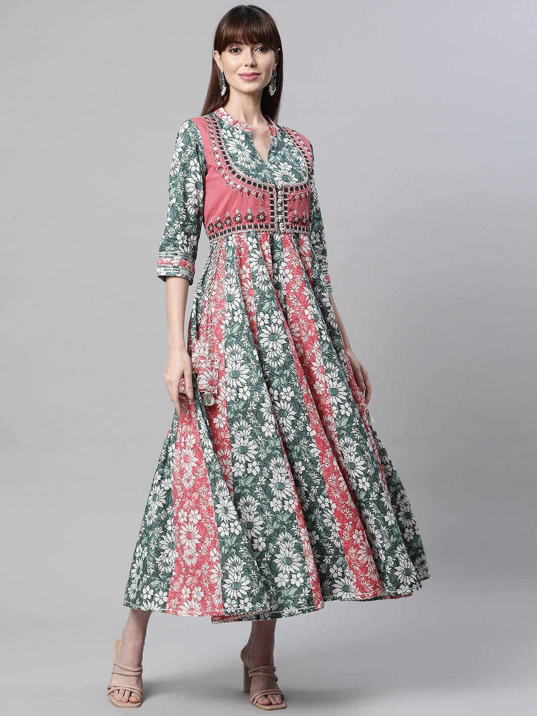 

Readiprint Fashions Women Pink & Green Floral Printed Mirror Work Cotton Anarkali Kurta